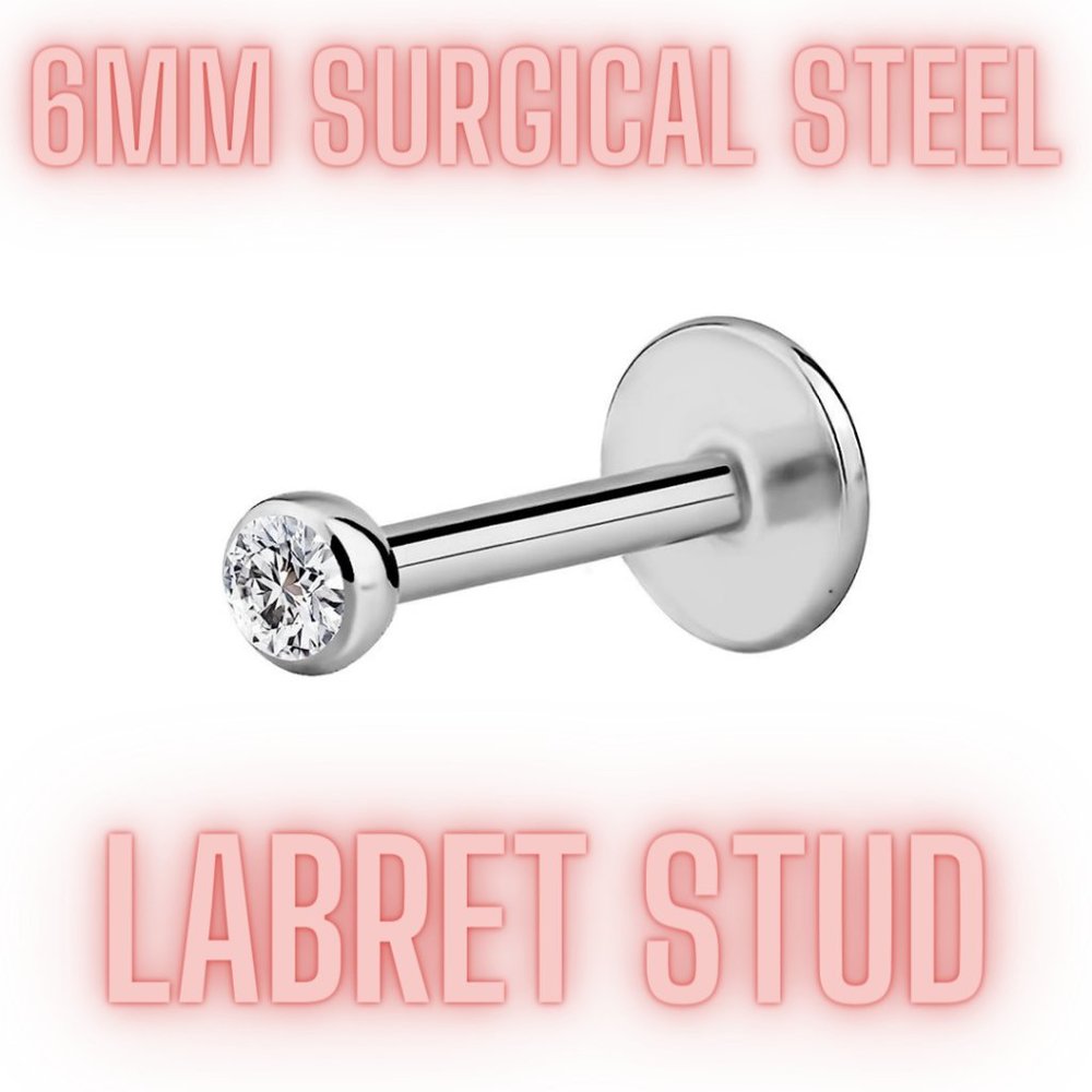 CZ 6mm 16g 316L Surgical Steel Labret Stud for Ear Helix Tragus Lip Piercing